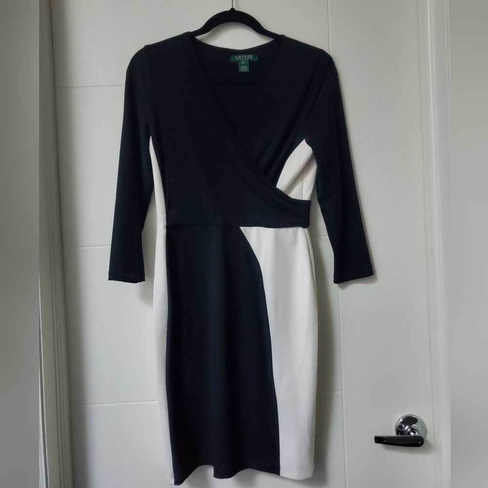 Lauren Ralph Lauren Colorblock Black White Cocktail Dress, 8 Petite